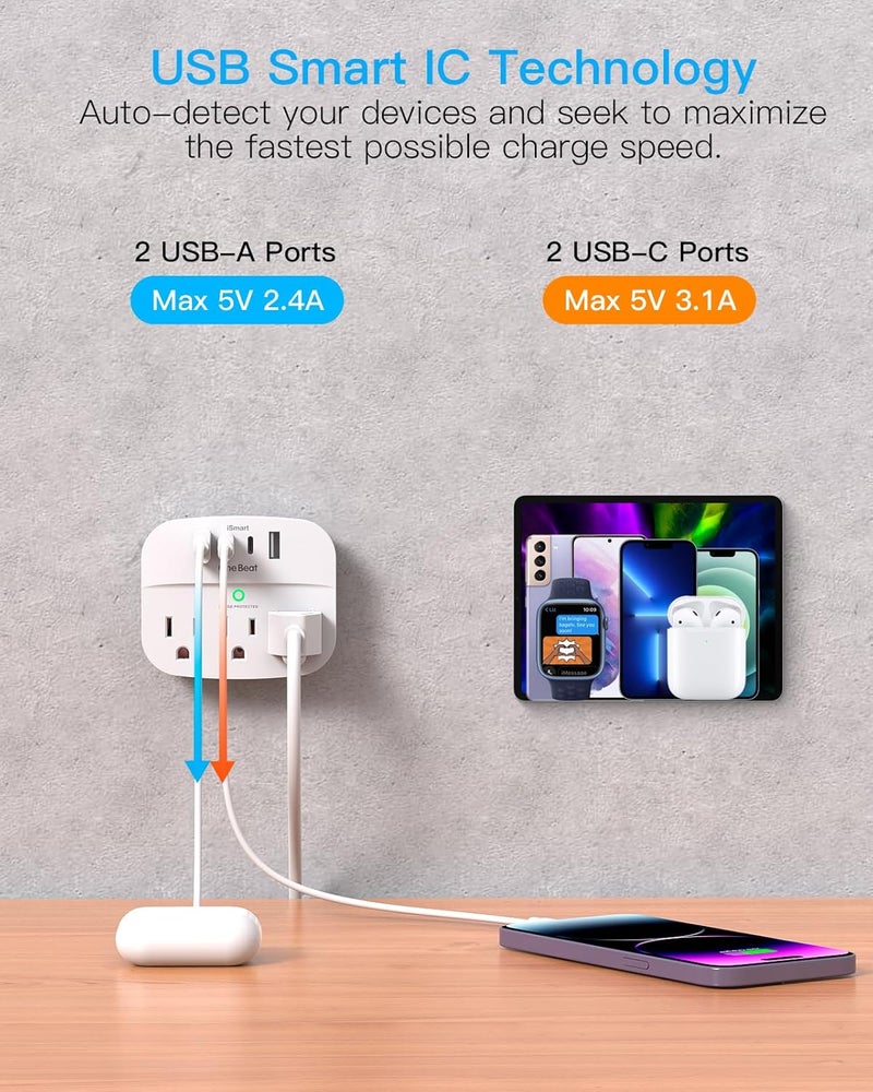 One Beat 2 Pack Multi Plug Outlet Splitter with USB,Surge Protector Outlet Extender with 3 Wall Outlets 4 USB Wall Charger(2 USB C),490 J, ETL Listed,Small Outlet Adapter Plug Extender for Travel,WH - Image 3